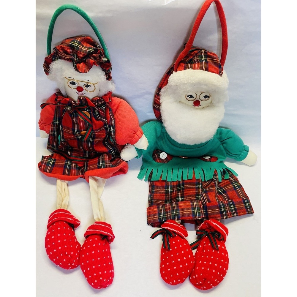 Vintage Santa Mr. & Mrs. Claus Large Plush Christmas Holiday Handmade Dolls 21"